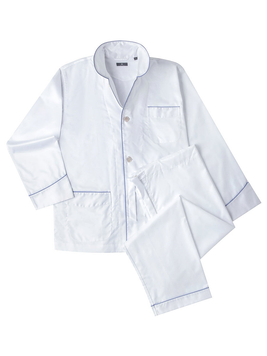 120s Cotton Twill White with Blue Piping Pajamas | Ascot Chang